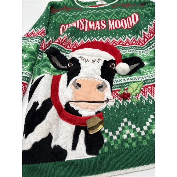 Holiday Time Christmas Moood Ugly Sweater Cow Bell Size Medium Heifer Green - Picture 2 of 15